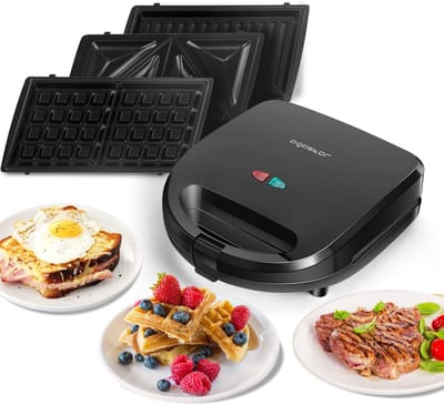 Tosti Grill Wafelmaker - 3-in-1 Apparaat - Ontbijt Lunch Diner - Verwijderbare Platen - 22x24x10 cm - Zwart