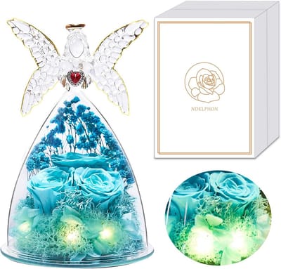 Eeuwige Roos onder Engel met LED Licht - Echt Conserverde Bloem als Cadeau