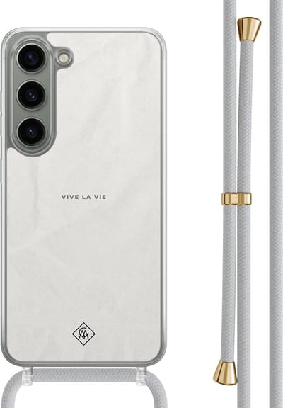 Casimoda® hoesje met grijs koord - Geschikt voor Samsung S23 - Vive La Vie - Afneembaar koord - TPU/polycarbonaat - Grijs