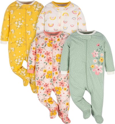 4-Pack Baby Meisje Slaappakjes voetjes Goudbloemen 6-9 Maanden