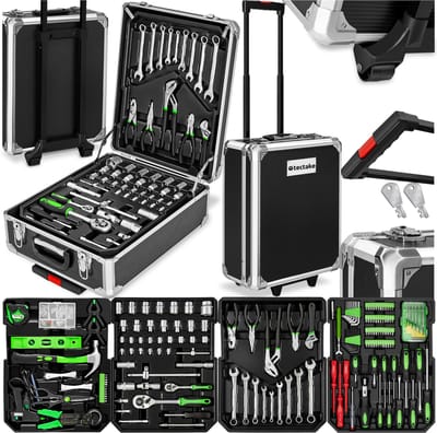 tectake® gereedschapskoffer, gereedschapsset, gereedschapskoffer gevuld 1200-delig, gereedschapstrolley, gereedschapskist met 4 niveaus, aluminium koffer met wielen en telescoophandgreep - zwart