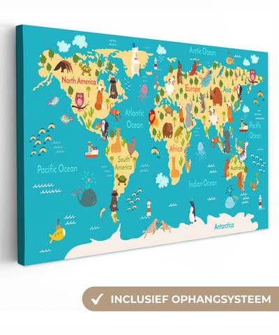 Canvas kinderen - Schilderij voor kinderen - Wereldkaart - Kind - Dieren - Geel - Decoratie voor kinderkamers - Wanddecoratie Kids - 90x60 cm