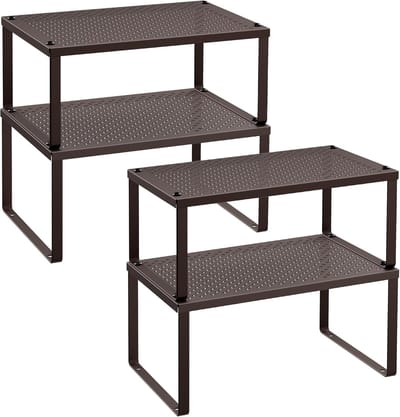 Famanu Kruidenrek Set van 4 Keukenplank Keukenorganizer Keukenkruidenhouder Uitbreidbaar Stapelbaar Klein Plank Metaal Bruin