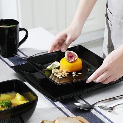 Vancasso Serviesset Zwart 32 stuks - Chique Serviesset - Tafelgerei set - Vierkante Serviesset Zwart - Keramisch Porselein - Elegante serviesset met kom - Zwart