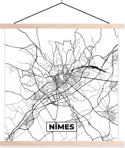 Posterhanger incl. Poster 40x40 cm - Schoolplaat - Stadskaart - Plattegrond - Kaart - Frankrijk - Nîmes - Zwart wit - Textielposter - Blanke latten - Stadskaart