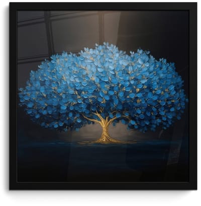 Poster in lijst - Fotolijst 40x40 cm - Posters - Boom - Blauw - Bladeren - Penseelstreken - Posterlijst zwart - Decoratie - Wanddecoratie woonkamer - Muurdecoratie slaapkamer