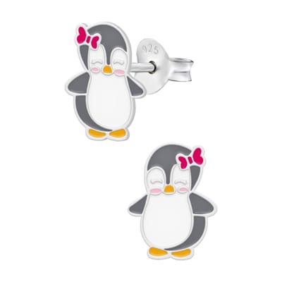 Zilveren kinderoorbellen - pinguïn oorstekers met rozerood strikje