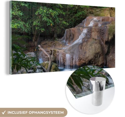 MuchoWow® Glasschilderij 40x20 cm - Schilderij acrylglas - Waterval - Rots - Landschap - Foto op glas - Schilderijen