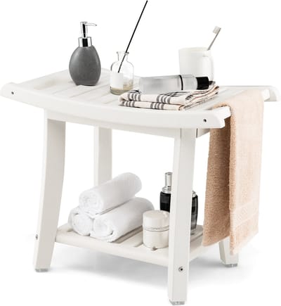 COSTWAY Douchestoel voor in de badkamer, zitbank met plank, 170 kg belastbaar, badkamerbank, douchestoel, douchekruk voor volwassenen, senioren, wit, 60,5 x 34 x 48 cm