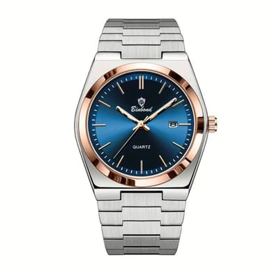 Binbond Herenhorloge - Mannen - Zilveren Polsband - Rosé en Blauw - Horlogedoos