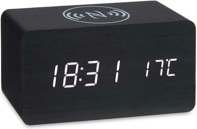 Giftdecor Tafelklok/wekker Josimity - zwart - MDF - 15x7 cm - Digitale tijd - temperatuur - opladen - batterij/usb voeding