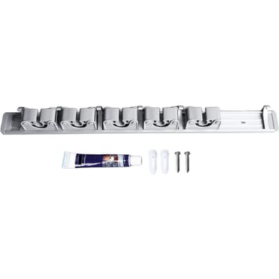 Wandgemonteerde Mophouder 5 Klemmen Zelfklevende Bezem Mop Organizer met Aluminium Haak voor Keuken white