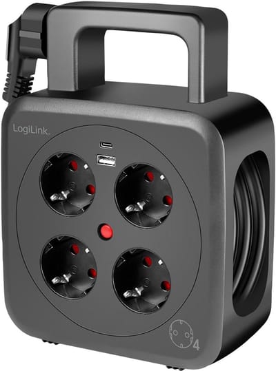 Oprolbare Kabelhaspel met 4 Stopcontacten, USB-A en USB-C Oplader - 5 Meter Kabel