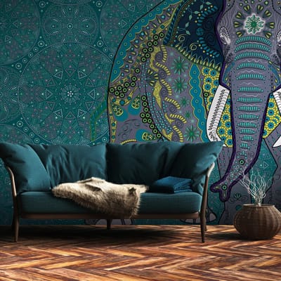 Fotobehang Profhome 382621-GU vliesbehang hardvinyl warmdruk in reliëf glad met olifanten mat blauw grijs geel groen 3,71 m x 2,8 m