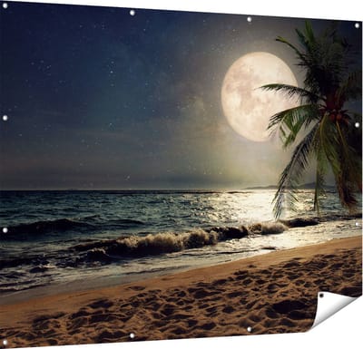 Gards Tuinposter Tropisch Strand in de Nacht met Volle Maan - 150x120 cm - Tuindoek - Tuindecoratie - Wanddecoratie buiten - Tuinschilderij