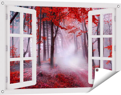 Gards Tuinposter Doorkijk Rood Bos met Bomen - 90x60 cm - Tuindoek - Tuindecoratie - Wanddecoratie buiten - Tuinschilderij