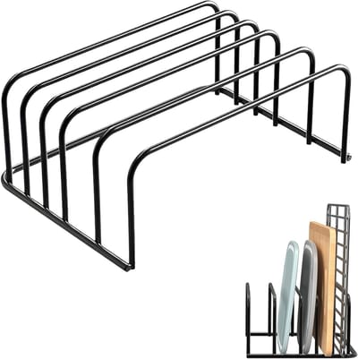 Houten Snijplank Houder met 5 Compartimenten voor Keukenwerkblad, Snijplank Stand en Organiser, Ideaal voor Bakplaten en Keukenaccessoires