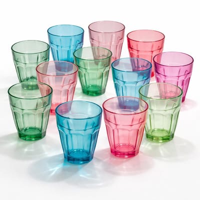 Plasticforte onbreekbare drinkglazen - 12x stuks - kunststof - mix kleuren - 250 ml - Picardi - lichtgewicht - 8 x 9 cm - stapelbaar
