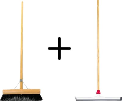 Synx Tools Paardenhaar 30cm + Vloertrekker Kunststof 45cm met Steel 120cm – Zaalveger – Vloerreiniger – Natuurrubber – Zachte binnenbezem met steel 130cm