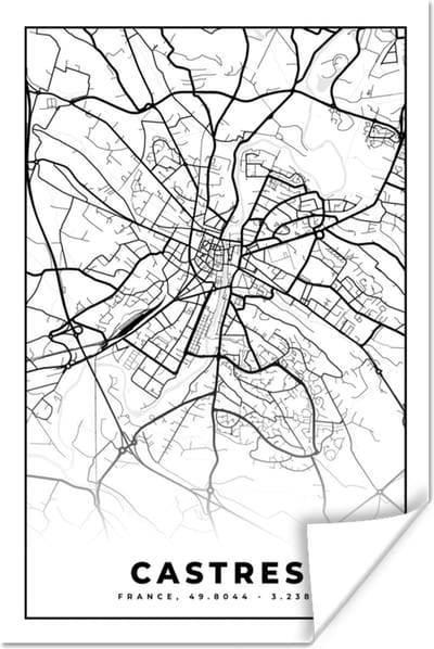 Poster Frankrijk - Kaart - Castres - Plattegrond - Stadskaart - Zwart wit - 120x180 cm XXL