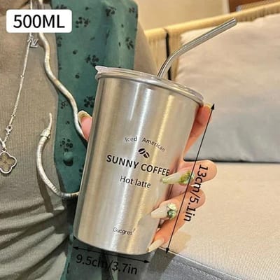 Nieuwe Roestvrijstalen Koffiemok met Deksel en Rietje Draagbare Koffiebeker Drinkbeker voor Bier Melk Water Restaurant Bar Feest 500ml 500 ml