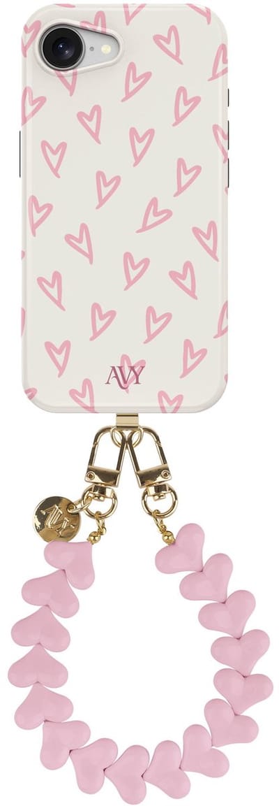 AVY Hoesje Met Telefoonkoord | Geschikt voor Apple iPhone 17e / 16e | Compatibel met MagSafe | Hard Shell Back Cover | Stijlvol Bijpassend Koord 30CM | Cupid Hearts | Roze