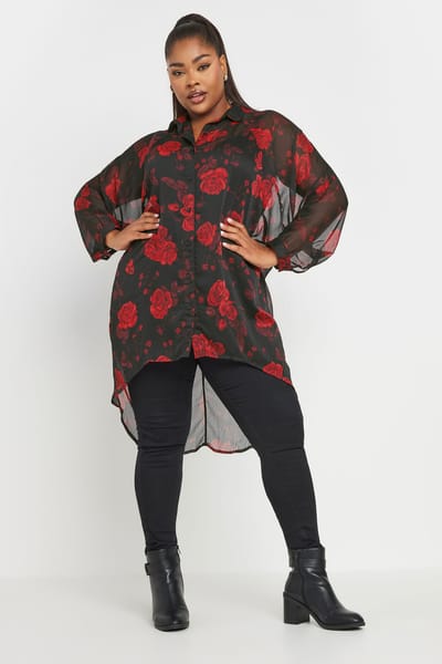 Yours Overhemd Met Bloemontwerp En Lange Achterkant In Zwart/Rood Size 44