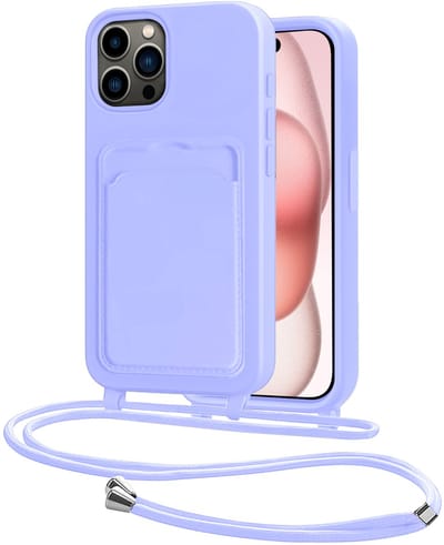 Hoes Geschikt voor iPhone 14 Pro Hoesje Pasjeshouder Cover Met Koord Case Siliconen Hoes Met Telefoonkoord en Kaarthouder - Lila
