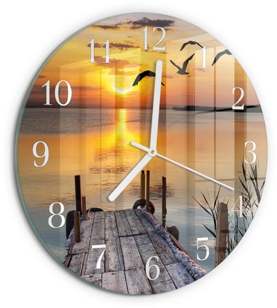 Tulup Wandklok - Mostowe-meer Glazen Klok Met Print - 30fi cm - Oranje Moderne Glazen Wandklok - Witte Handen - Ronde Wandklok - Moderne Wandklok Glas - Wandklok Glas Decoratie