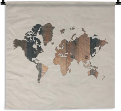 Wandkleed - Wereldkaart - Bruin - Hout - 120x120 cm - Wandtapijt