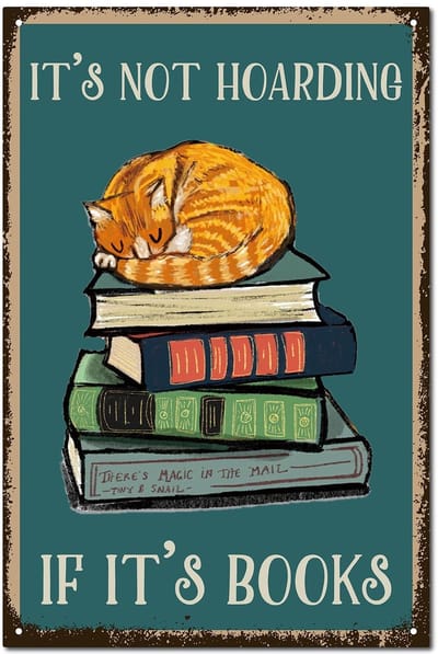 VT Goods - Vintage Retro Tinbord - Decoratie voor Thuis - 30 x 20 cm - Boek Kat - Wanddecoratie voor Boekenliefhebbers - IJzer