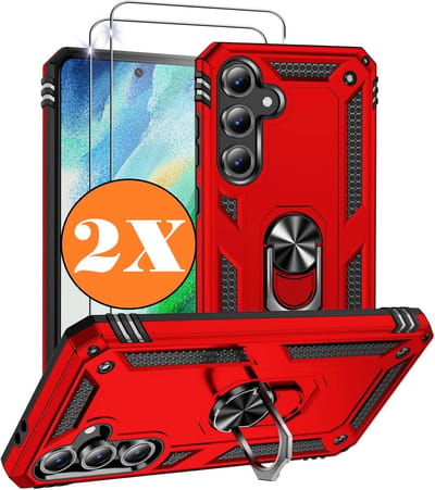 Hoesje Geschikt voor Samsung Galaxy A36 5G Hoesje Rood Anti-Shock Hybrid Armor hoesje Met Draaibare Ring Houder - Samsung A36 Screenprotector 2 pack