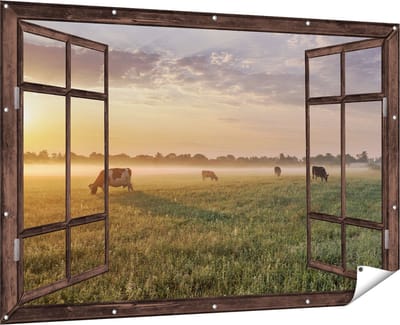 Gards Tuinposter Doorkijk Koeien in de Wei tijdens Zonsopkomst - 180x120 cm - Tuindoek - Tuindecoratie - Wanddecoratie buiten - Tuinschilderij