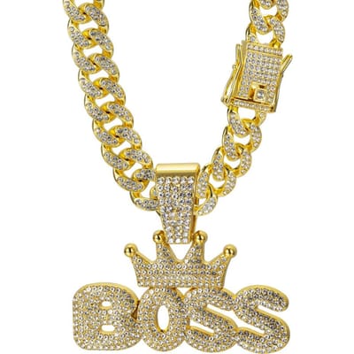 Heren Coole Hip-hop Strass Letter BOSS Hanger Ketting, Voor Heren Mode Iced Out Bling Zirkoon Cubaanse Dikke Ketting Punk Sieraden beige