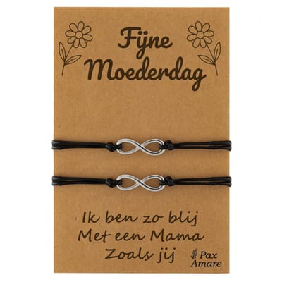 Moeder Kind Armbandjes voor 2 "Fijne Moederdag" - Oneindigheidsteken - Vriendschapsarmbandjes met Persoonlijk Cadeau Kaartje - Zilverkleurig - Elastisch Verstelbaar - Pax Amare