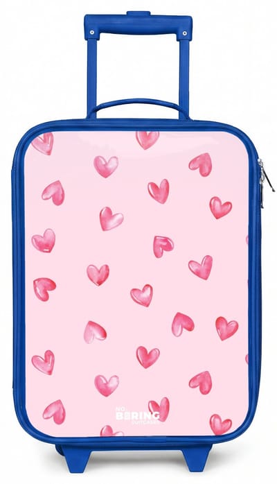NoBoringSuitcases.com® - Kinderkoffer blauw - Kindertrolley jongen - Roze hartjes - Koffer kind lichtgewicht - Reiskoffer trolley voor kinderen - Koffertje met lichtgevende wieltjes - Rolkoffer