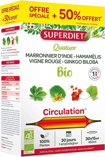 Superdiet Quatuor Rode Wijnstok Circulatie Biologisch 20 Ampullen + 10 Ampullen Gratis