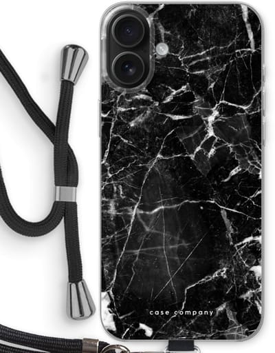 Case Company® - Hoesje met koord geschikt voor iPhone 16 Plus hoesje met Koord - Zwart Marmer - Telefoonhoesje met Zwart Koord - Bescherming aan alle Kanten en Over de Schermrand
