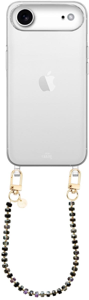 xoxo Wildhearts siliconen hoesje geschikt voor iPhone 17 Air hoesje - Crystal (Zwart) - Telefoonhoesje - Hoesje met koord - Kristal ketting - Kristallen met gouden details - kort telefoonkoord - Transparant hoesje