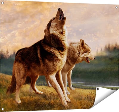 Gards Tuinposter Twee Wolven op het Gras - 100x80 cm - Tuindoek - Tuindecoratie - Wanddecoratie buiten - Tuinschilderij
