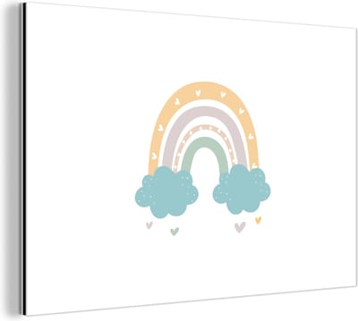 Wanddecoratie Metaal - Aluminium Schilderij Industrieel - Regenboog - Hartjes - Wolken - Stippen - Pastel - Kinderen - 180x120 cm - Dibond - Foto op aluminium - Industriële muurdecoratie - Voor de woonkamer/slaapkamer