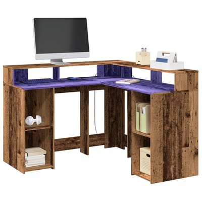 vidaXL - Bureau - met - LED-verlichting - 130x130x91 - cm - bewerkt - hout - oud - hout