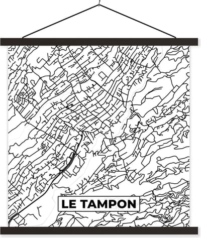 Posterhanger incl. Poster 60x60 cm - Schoolplaat - Stadskaart - Plattegrond - Kaart - Frankrijk - Le Tampon - Zwart wit - Textielposter - Zwarte latten - Stadskaart