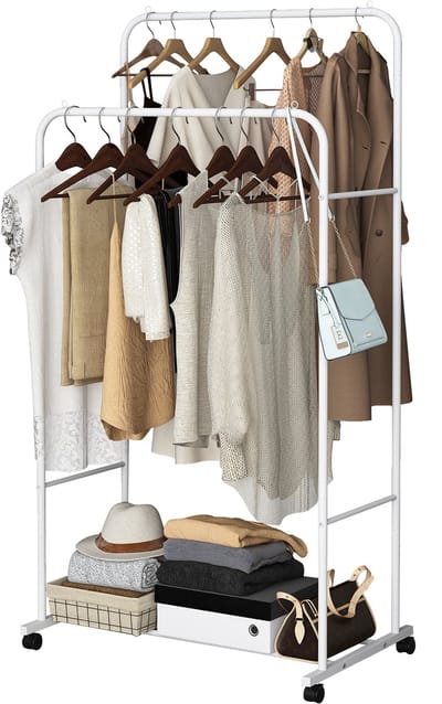 unho kleding ophangrail op wielen - industrieel kledingrek - heavy duty kledinghangerstandaard - metalen kledingrek - open garderobe organizer met opbergplank voor slaapkamer wit