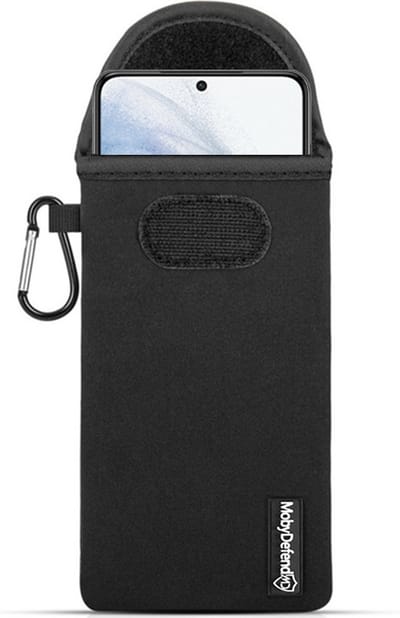 MobyDefend Hoesje - Geschikt voor Samsung Galaxy S21 - Neopreen Pouch Met Karabijnhaak - Insteek - Riemlus - Zwart