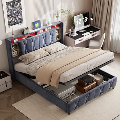 Opbergbed 140x200 met LED & USB – Fluwelen Bedframe Grijs – Hoofdbord met Opbergvakken & Verborgen Opbergruimte – Bed met Liftfunctie