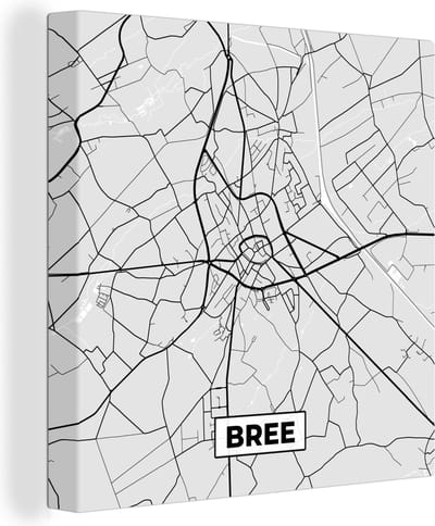 Canvas Schilderij Zwart Wit – België – Plattegrond – Stadskaart – Kaart – Bree - 20x20 cm - Wanddecoratie
