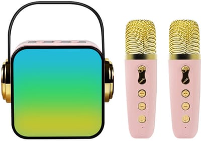 Karaoke-machine met 2 draadloze microfoons, voor kinderen, met ledlampen en stemwisselende effecten, draagbaar bluetooth-karaoke-speelgoed, cadeaus voor meisjes en jongens (roze)