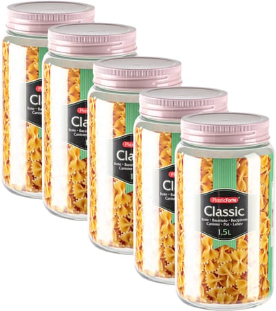 Plasticforte voedsel voorraadpot - 5x - weckpotten - roze - 1500 ml - kunststof - met draai deksel - 11 x 20 cm