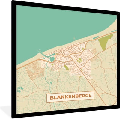 Fotolijst incl. Poster - Blankenberge - Plattegrond - Vintage - Stadskaart - Kaart - 40x40 cm - Posterlijst